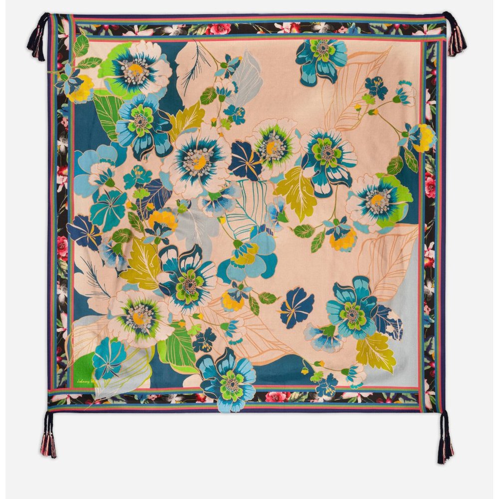 Johnny Was Jenn Scarf Flowers Silk Square Large Floral Beige Blue Tassels NEW